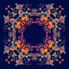 Bandana print or lovely tablecloth with birds, floral ornament and bright cockerels - chinese symbol of 2017. Vector image. Year of the Rooster. © Happy Dragon