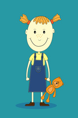 Vector cartoon smiling girl with funny teddy bear.