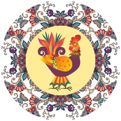 Decorative plate with beautiful floral ornament and cute cartoon cockerel - chinese symbol of 2017. Year of the Rooster. Packaging design.