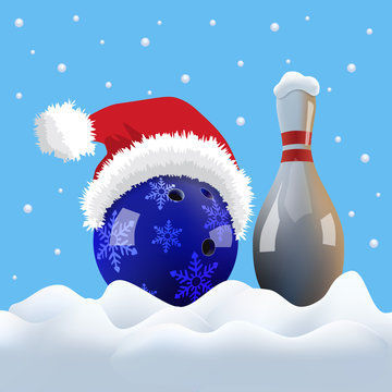 Vector Christmas bowling ball with Santa cap and pin on snowing background.