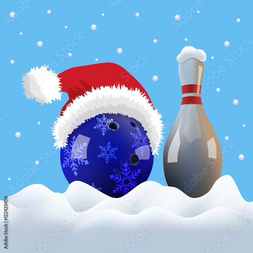 &ldquo;Vector Christmas bowling ball with Santa cap and pin on snowing