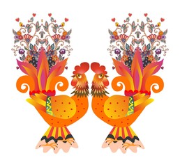 Two gold roosters with flowers. Greeting card. Chinese New Year. 2017. Print for fabric.