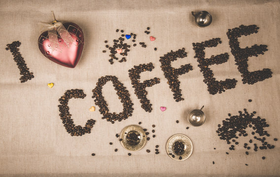 Fototapeta I Love coffee inscription with beans