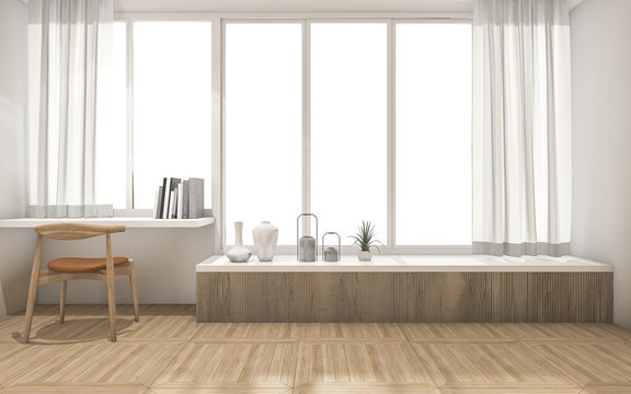 3d rendering white wall and wood floor with minimal decoration