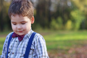 Handsome little boy with bow tie looks down in green park, shall