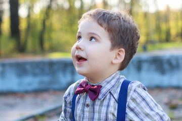 Handsome little boy with bow tie looks up in sunny park, shallow
