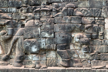 Ancient bas-relief at the Terrace of the Elephants in Angkor Thom, Cambodia