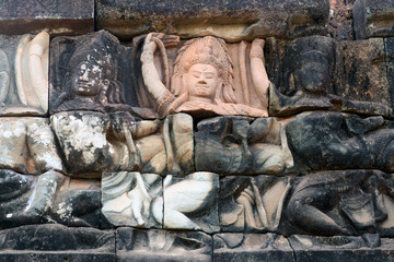 Ancient bas-relief at the Terrace of the Elephants in Angkor Thom, Cambodia