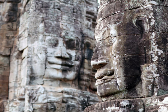Giant stone faces at Prasat Bayon temple in Angkor Thom, Cambodia