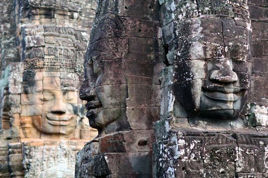 Giant stone faces at Prasat Bayon Temple in Angkor, Cambodia