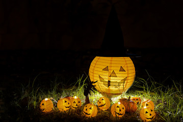 Halloween pumpkin head  with scary evil faces spooky holiday (color toned image)