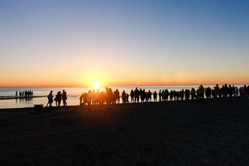 Silhouette of people looking sunrise on beach in summer time