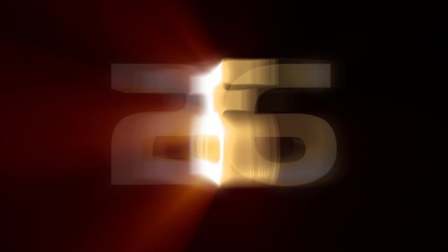 A 30 second countdown with rotating 3D numbers with light bursts shining from behind. HD 1080.