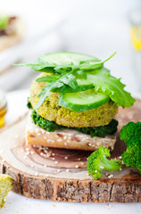 Healthy vegan burger with broccoli, spinach patty