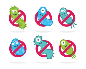 Antibacterial sign with green and blue bacteria illustrations. Isolated vector illustration