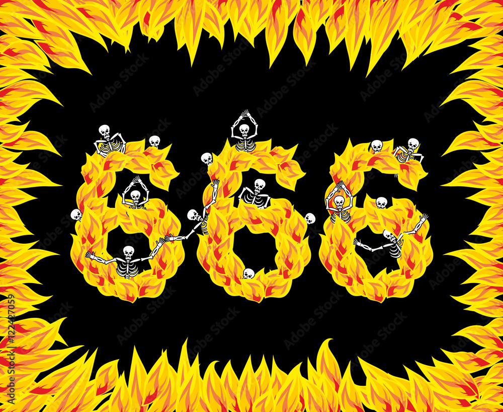 Poster 666 number of devil. fire numeric. skeletons in inferno. sinners
