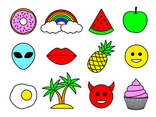 Emoji design set. Emoticon Pins or Patches, Stamps, Icons, Stickers. Vector illustration isolated on white background. Donut, cupcake, smile, alien, lips, pineapple, green apple, rainbow.
