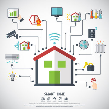 Smart home.Flat design style vector illustration concept of smart house technology system with centralized control.