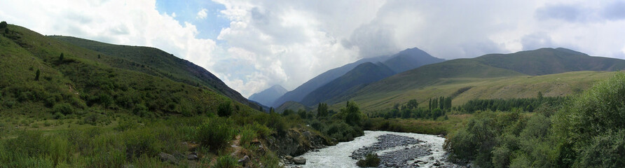 Fototapeta na wymiar 180 degree panorama of the mountains of Kyrgyzstan bird's-eye vi