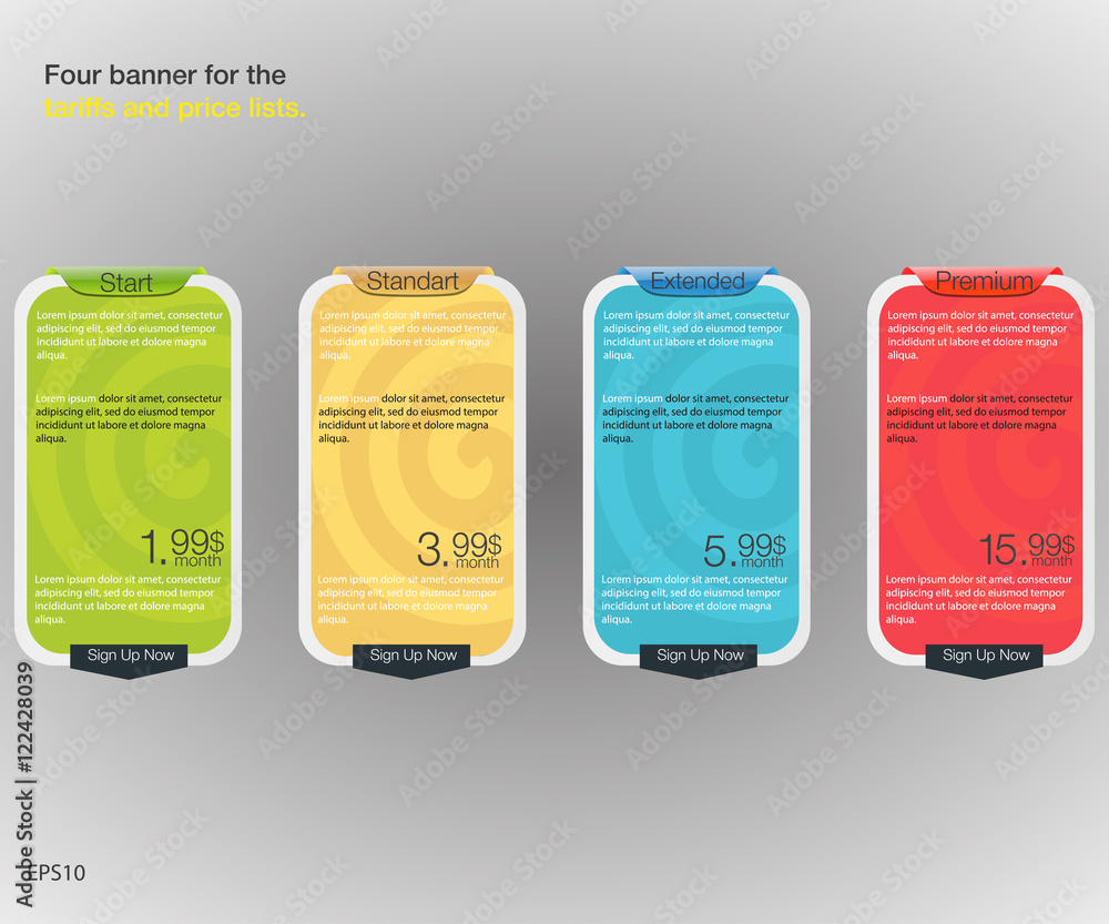 Aufkleber four banner for the tariffs and price lists. web elements. plan hosting. vector design for web app. 