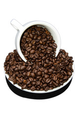 Mug of coffee beans with saucer on white background with shadow.