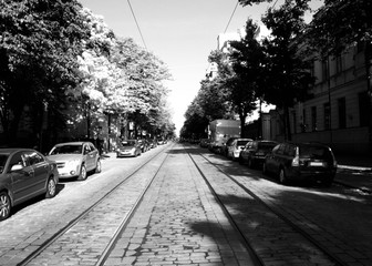 A black and white shot of the Bulevard in Helsinki, Finland