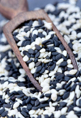 Black and white sesame in a scoop