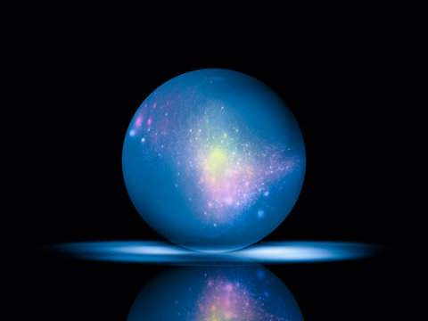 Beautiful voluminous blue ball and reflection on black background