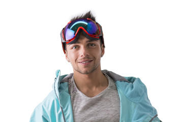 Friendly attractive young male skier or snowboarder isolated on white smiling