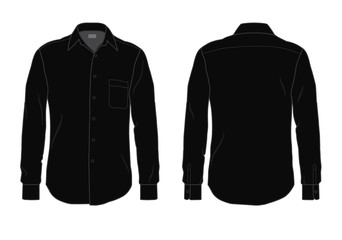 Black men's button down dress shirt template, front and back view 