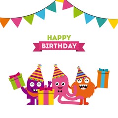 monster characters in birthday party vector illustration design