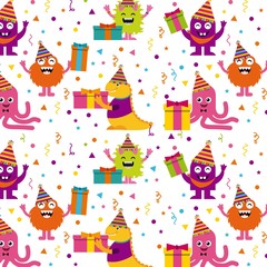 monster characters in birthday party vector illustration design