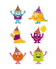 monster characters in birthday party vector illustration design