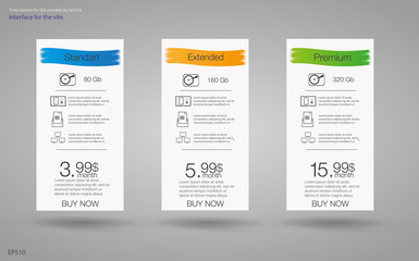 Price list for hosting, banner for the tariffs and price lists. Web elements.