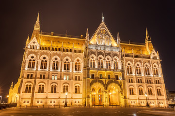 Fototapeta na wymiar Night view of the Hungarian Parliament Building on the bank of the Danube in Budapest, Hungary