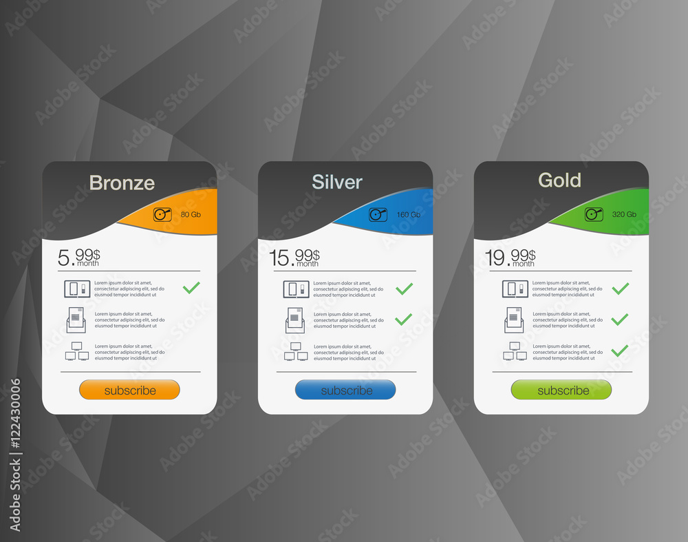 Aufkleber three tariffs banners. web pricing table. vector design for web app. price list.