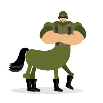 Centaur soldier in helmet. Military mythical creature. Half hors