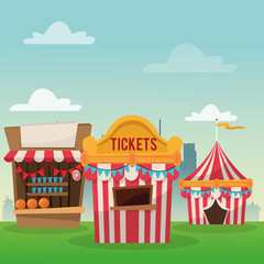 Fototapeta premium striped ticket tent and stands icon. Carnival festival fair circus and celebration theme. Colorful design. Vector illustration