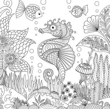 Zendoodle design of seahorse swimming under ocean surrounding by beautiful corals and seaweeds, for adult coloring book pages for anti stress - Stock Vector
