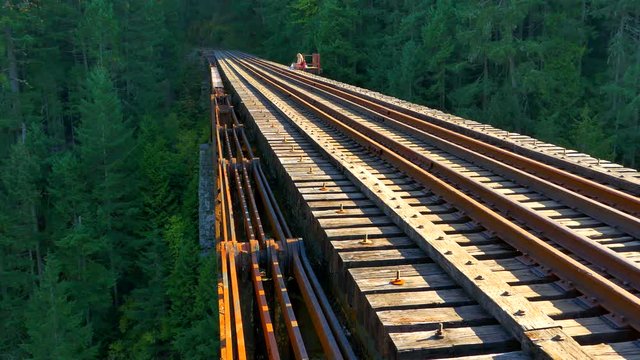 4K Wooden Train Trestle, Tracks Go off Into Distance, Perspective View, Summer