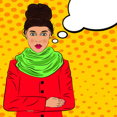 Cute young woman cold weather pop art retro style.