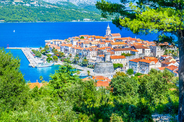 Korcula town aerial.  /Aerial view on picturesque old town Korcula, Island Korcula, Croatia Europe.