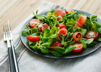 Close-up of salad with meat on plate