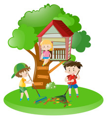Obraz na płótnie Canvas Boys raking leaves and girl on treehouse