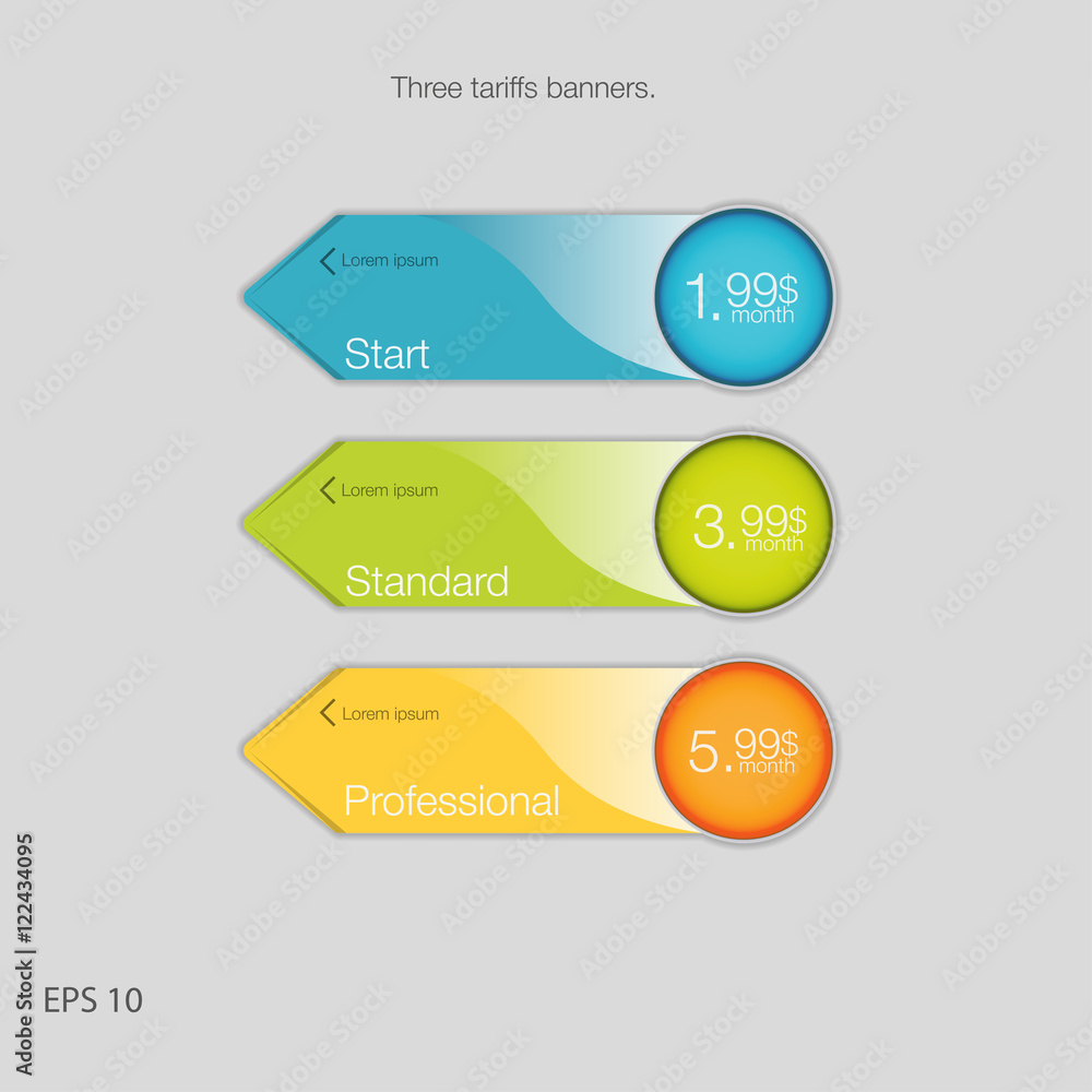 Aufkleber triple banner for hosting. three tariffs banners. web pricing table. vector design for web app. arro