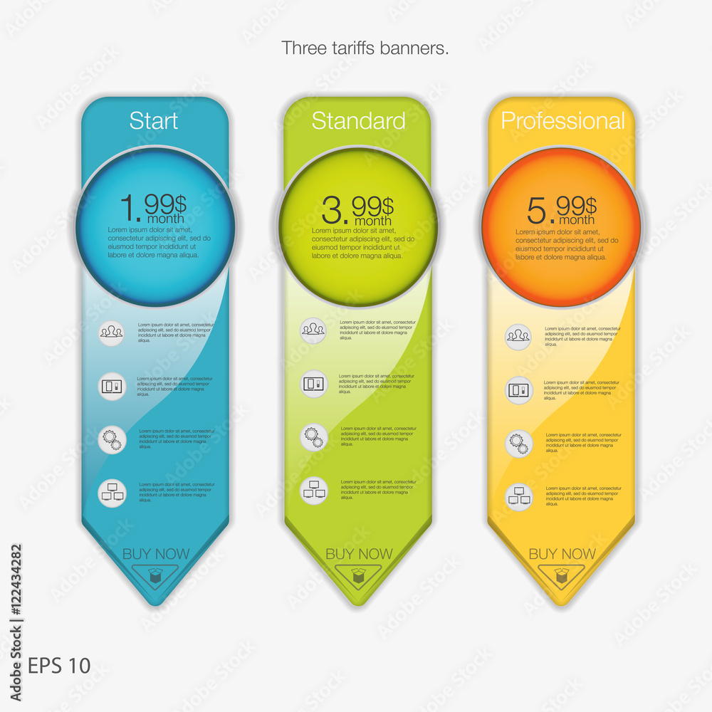 Aufkleber three tariffs banners. web pricing table. vector design for web app. set offer tariffs. price list.