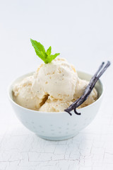 Vanilla ice with vanilla sticks and mint in a bowl, closeup