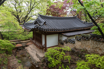 Gilsangheon - a wooden building, living quarters for master sunim (senior monks) in the woods at the Gilsangsa Temple in Seoul, South Korea.