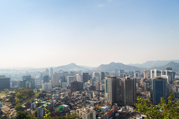 View of downtown in Seoul, South Korea, from above in daylight. Copy space.