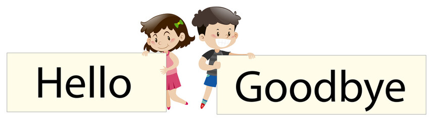 Kids holding sign say hello and goodbye © brgfx